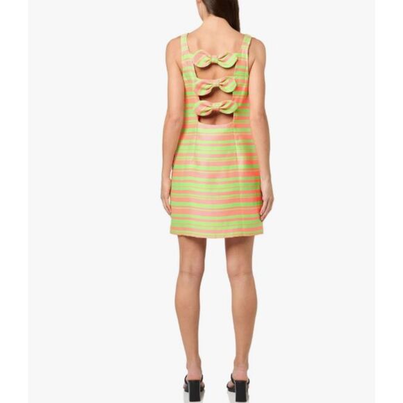 Trina Turk Aspiration Bow Back Neon Stripe Dress NWT Pink Lime Size 6 - Picture 2 of 6